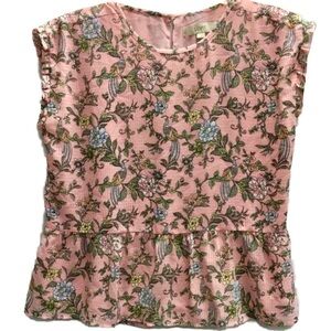 LOFT Pink Floral Peacock Ruffle Hem Top